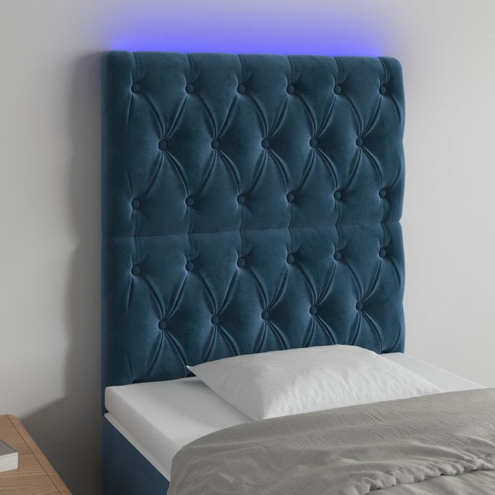 Vidaxl Čelo postele s LED tmavomodré 80x7x118/128 cm zamat